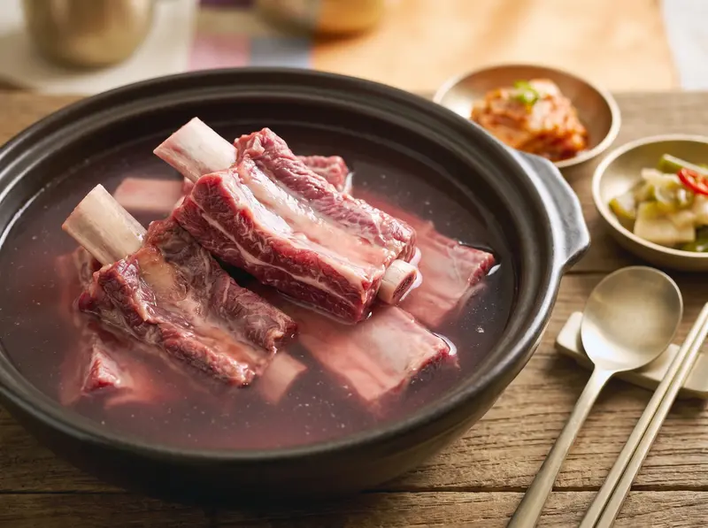 Beef short ribs for galbi-jjim soaking in a bowl of cold water that has turned faintly pink as the blood draws out