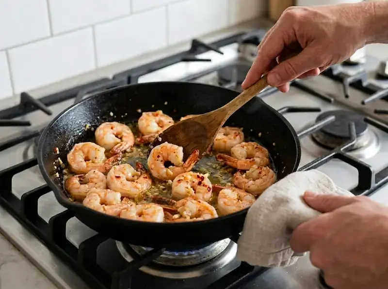 Gamberi rosa saltati in salsa di burro e aglio con peperoncino in fiocchi in una padella di ghisa, con cucchiaio di legno