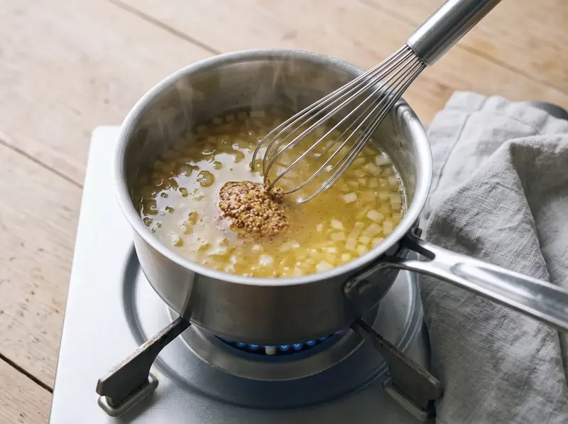 Mustard and red wine vinegar are whisked into the hot stock with diced onion for the German potato salad dressing