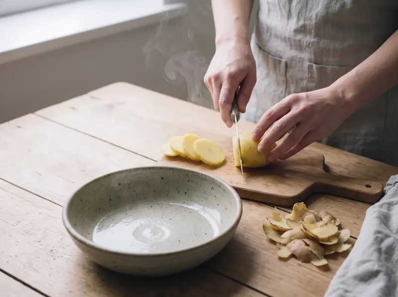 Boiled potatoes for German potato salad are sliced into even rounds on a board, the skins pushed aside onto the table