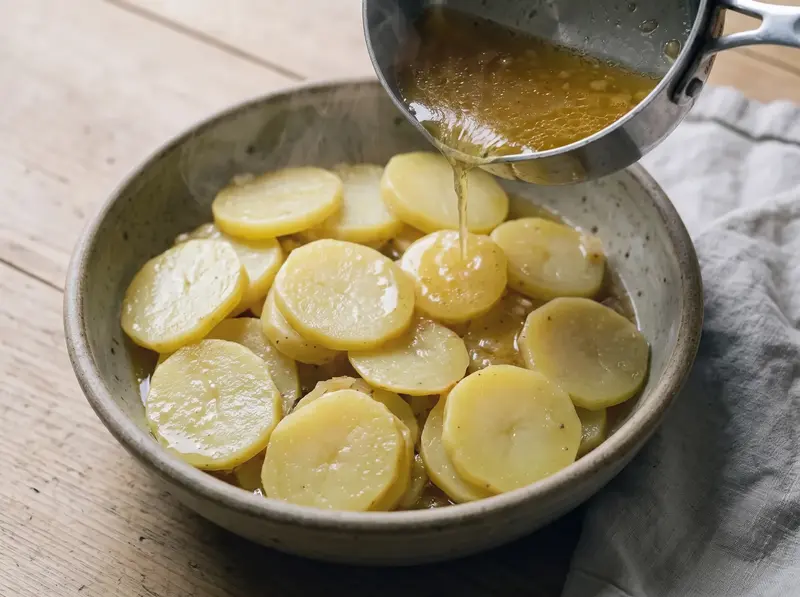 Hot dressing is poured over the warm potato rounds in the speckled bowl, pooling before it is folded in
