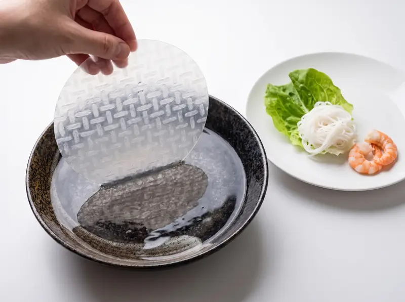ゴイ・クォン:ぬるま湯に数秒くぐらせたライスペーパーを引き上げる。まだ少し硬い状態