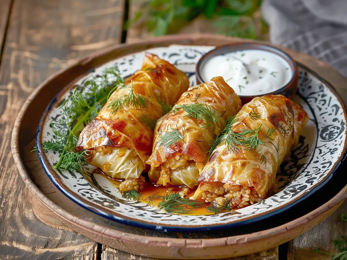 Golubtsy (Stuffed Cabbage Rolls) with head of white cabbage, ground meat pork and beef and tomato paste — Ukraine recipe