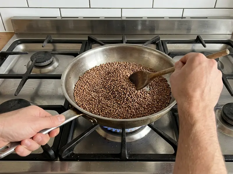 Grano saraceno ai funghi: il grano saraceno crudo tosta in una padella d'acciaio asciutta, un cucchiaio di legno lo mescola