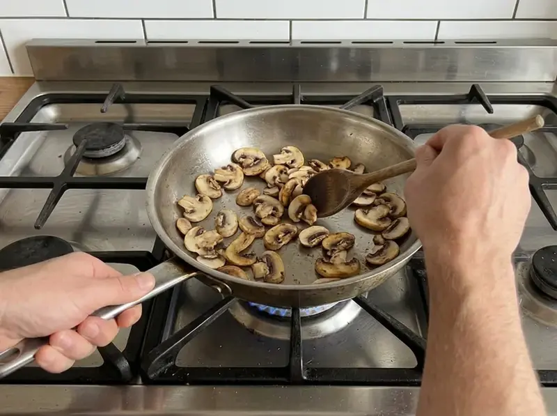 Grano saraceno ai funghi: i funghi a fette rosolano dorati in una padella d'acciaio sul gas, li mescola un cucchiaio di legno