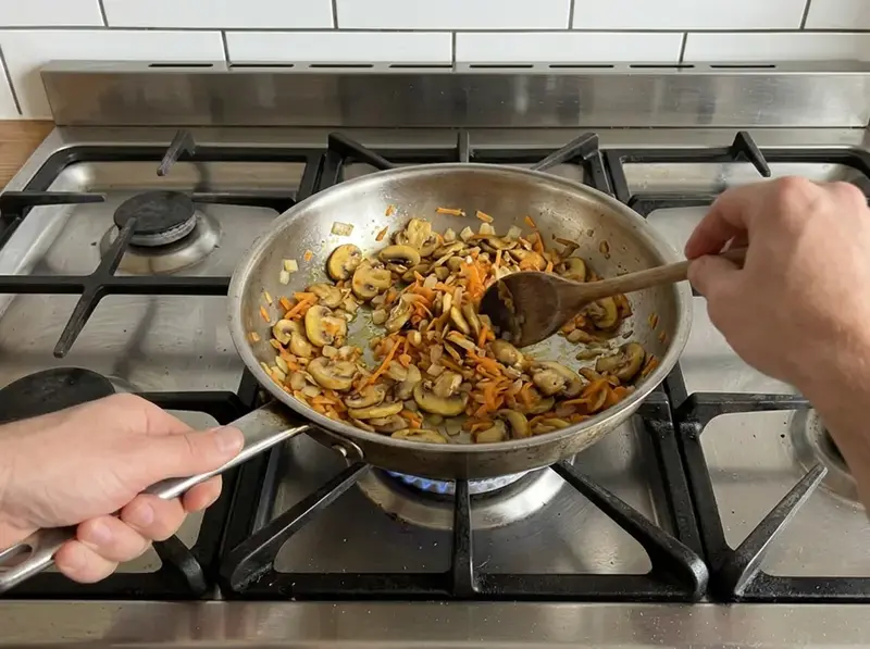 Grano saraceno ai funghi: funghi fritti, cipolla e carota grattugiata cuociono in una padella d'acciaio, un cucchiaio mescola