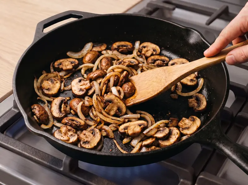Funghi rosolati e asciutti in padella per lo sformato di fagiolini
