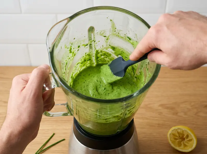 Aliño Green Goddess: con una espátula se rebaña de las paredes del vaso de la batidora el puré verde brillante de hierbas