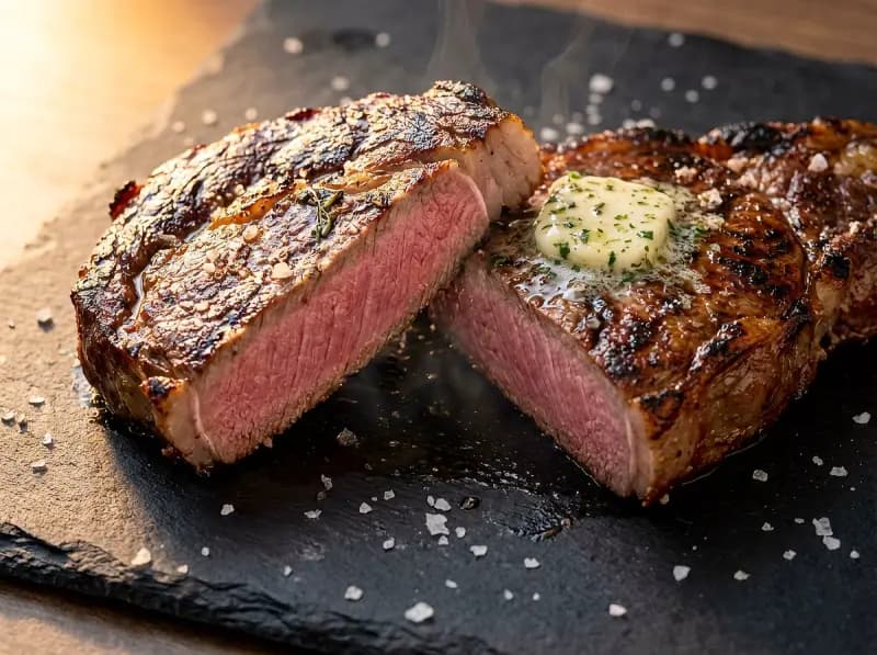 Grilled Steak (Reverse Sear Method) with ribeye or New York strip steaks, coarse kosher salt or flaky sea salt and black pepper — USA recipe