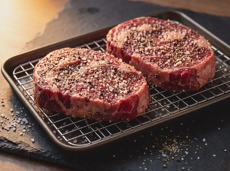 Steaks generously coated with coarse salt and cracked pepper resting on a wire rack over a tray for a dry brine