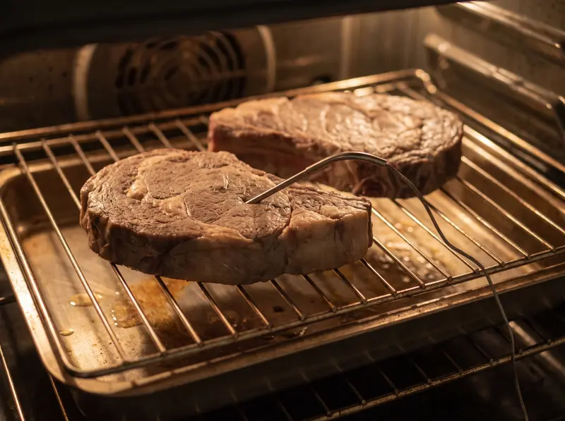 Steaks on a rack in a low oven, a probe thermometer in the thickest one; the surface is still grey, without a crust