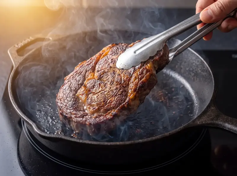 Steak searing hard in a smoking cast-iron skillet on an induction stove, turned with tongs to show the dark crust