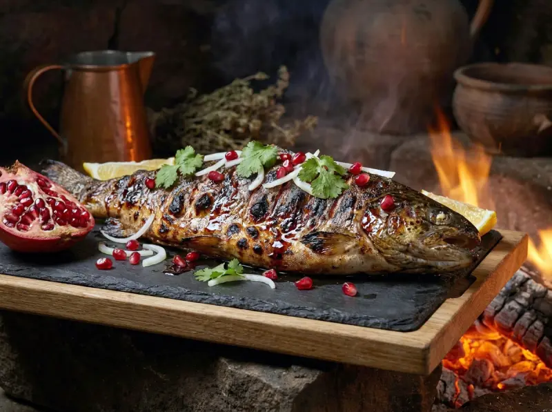 Trota alla griglia con melograno (kalmakhi georgiano)
