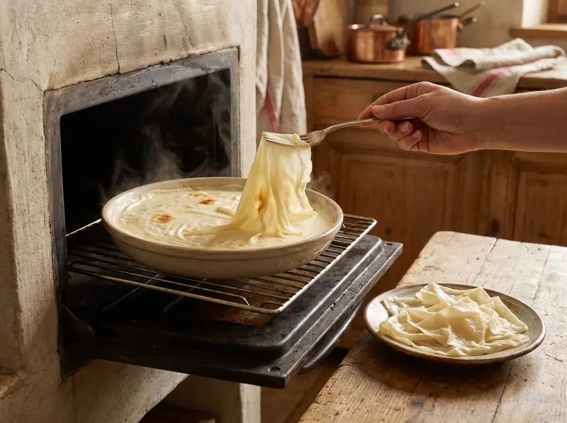 A thin golden milk skin lifted with a fork from cream baking in the oven for Guriev porridge