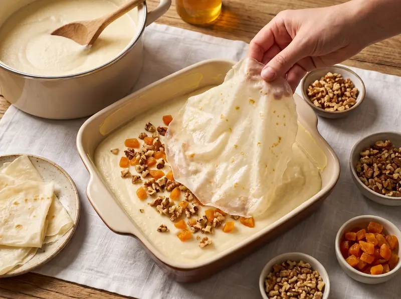 Guriev porridge layered in a square baking dish: semolina, a thin milk skin, walnuts and dried apricots