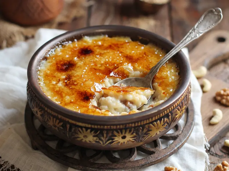 A spoon cracks the amber caramel crust of finished Guriev porridge in a clay bowl, revealing the nutty porridge
