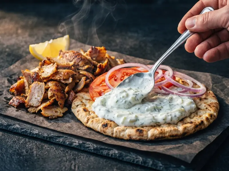 Si spalma lo tzatziki su una pita calda con pomodoro e cipolla rossa, con carne di gyros tagliata accanto