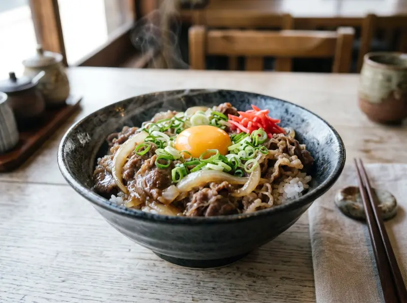 Gyudon (Japanese Beef Rice Bowl) with beef, onion and dashi — Japan recipe