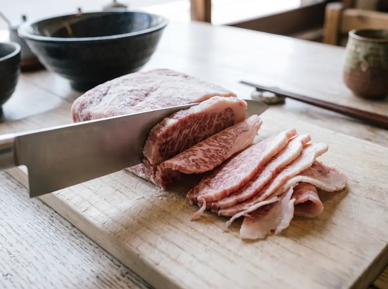 Gyudon prep: a knife slicing a firm block of marbled beef into very thin slices on a wooden board
