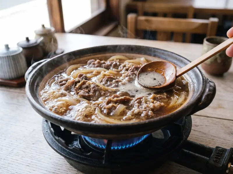 Gyudon simmering: skimming grey foam from thin beef and onion in amber soy-dashi broth on the gas burner