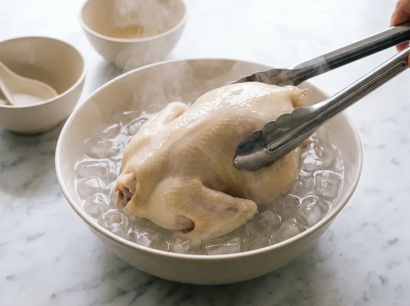 Tongs lowering a whole poached chicken into a bowl of ice water for Hainanese chicken rice, steam rising