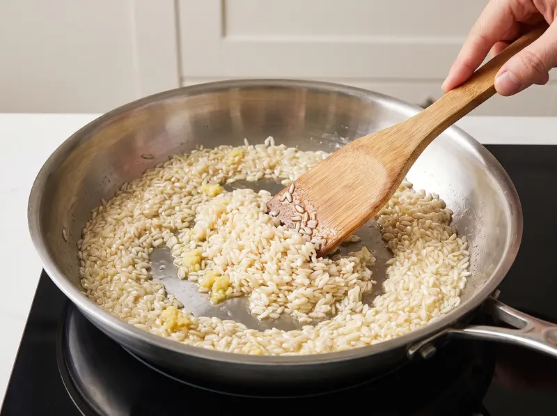 Raw long-grain rice toasted in chicken fat with ginger and garlic in a steel pan for Hainanese chicken rice