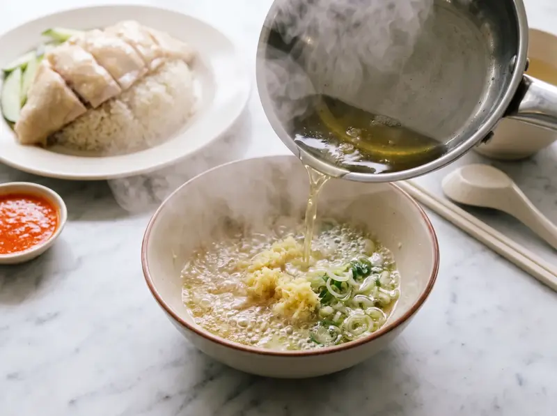 Smoking oil poured over grated ginger and sliced scallions for the Hainanese chicken rice sauce, sizzling hard