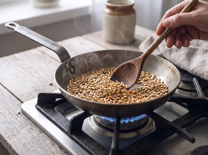 Sunflower seeds for halva toasted golden in a dry pan