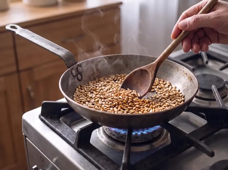 Sunflower seeds for halva toasted golden in a dry pan
