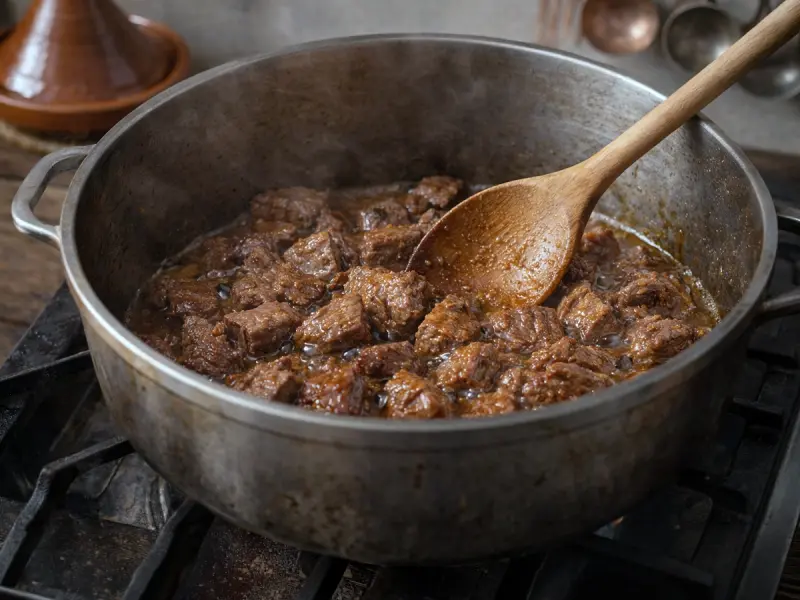 Lamb browning with onion and spices in a heavy pot at the start of harira