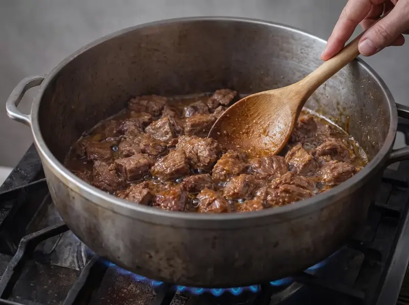 Lamb pieces browning in a heavy pot for harira, stirred with a wooden spoon over a gas flame