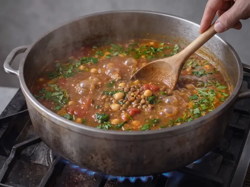 Harira pot with tomato chunks, chickpeas, lentils and chopped herbs stirred into the stock over a gas flame
