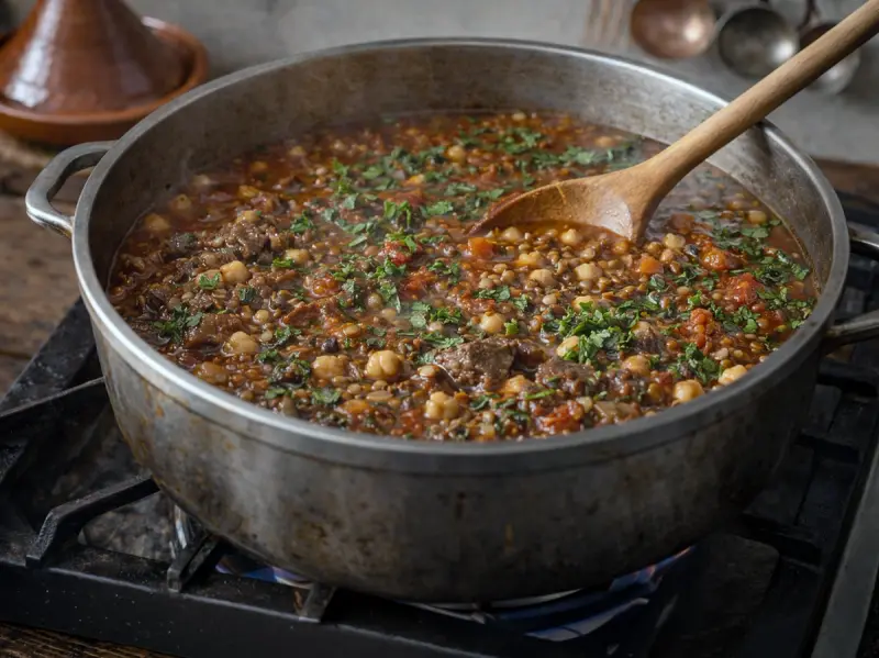 Harira simmering until the lentils break down and the lamb turns tender