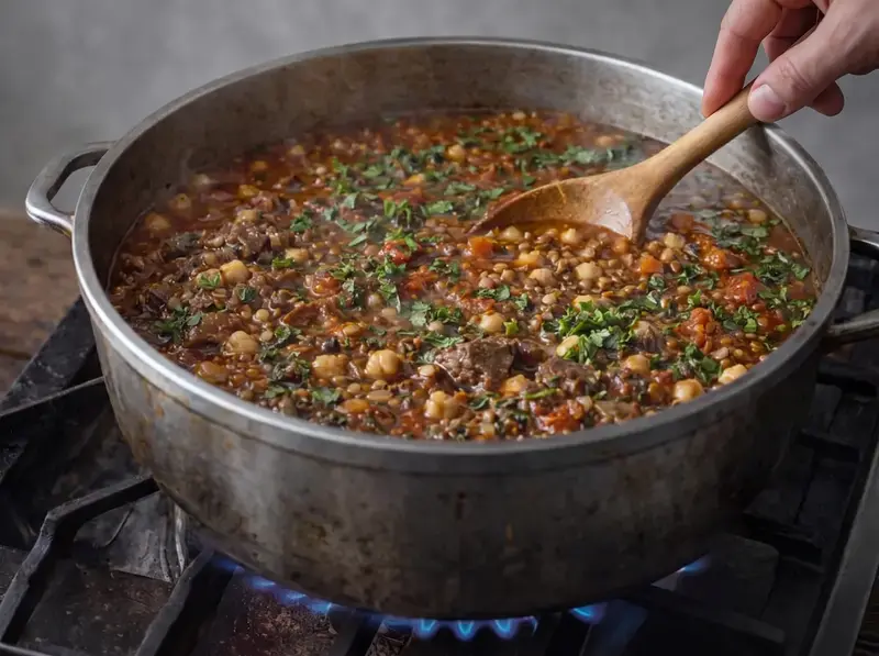 Harira simmering until the lentils break down and the lamb turns tender