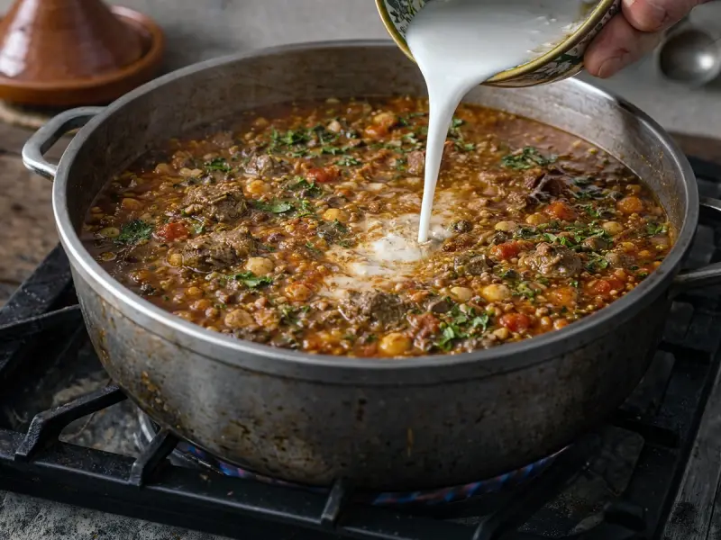 Flour-and-water tedouira whisked in, thickening the harira to a silky soup