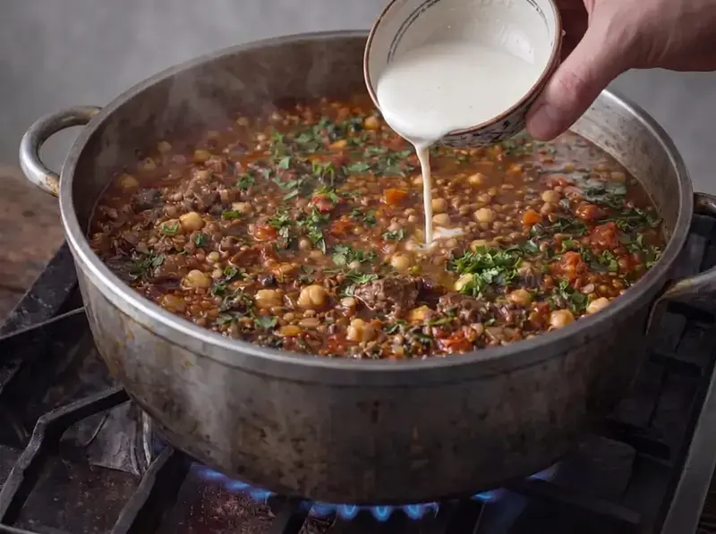 Flour-and-water tedouira poured in a thin stream from a small bowl into simmering harira