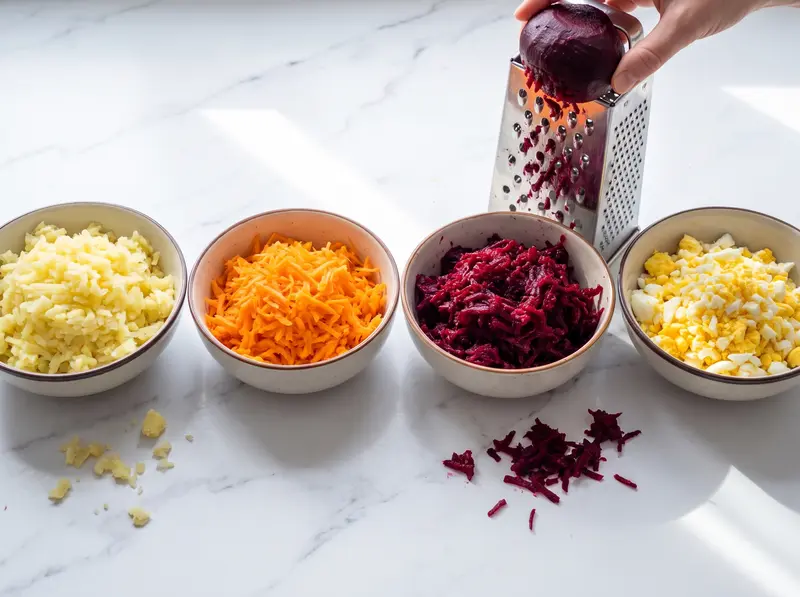 Herring under a fur coat: boiled potato, carrot, beetroot and egg grated into separate bowls to keep the colours clean