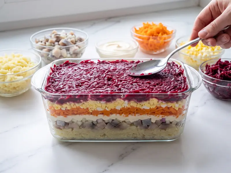 Herring under a fur coat in a glass dish, layers bottom to top: potato, herring and onion, mayonnaise, carrot, egg, beetroot