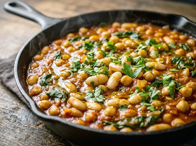 High-Fiber White Bean & Chickpea Skillet with canned white beans, canned chickpeas and canned crushed tomatoes — Mediterranean recipe