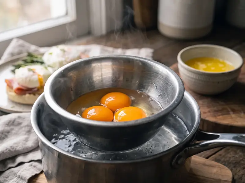 Tre tuorli crudi e un goccio d'acqua fredda in una bastardella a bagnomaria: l'inizio della salsa olandese