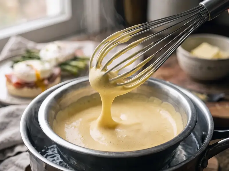 Frusta sollevata dalla bastardella: i tuorli della salsa olandese, chiari e gonfi, lasciano un nastro in superficie