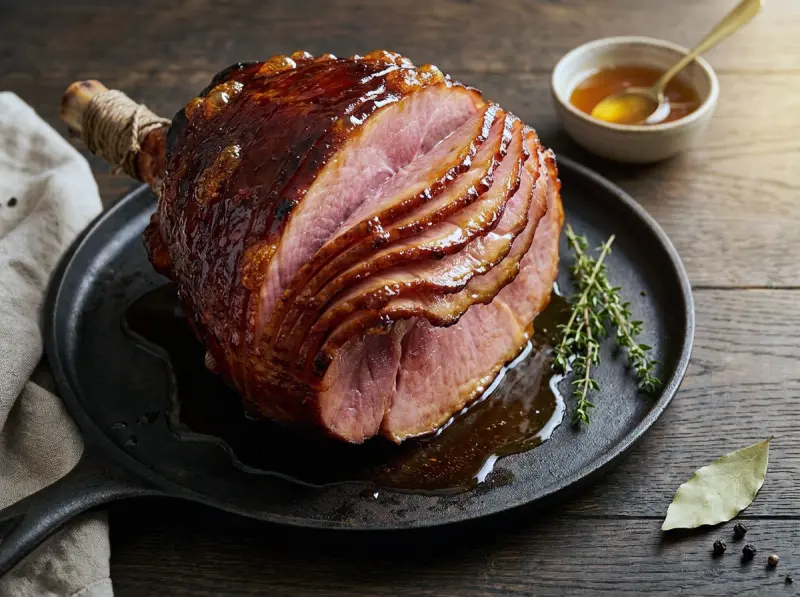 Prosciutto Glassato al Miele — Classico Pasquale Americano: prosciutto cotto con osso a taglio spirale, miele, zucchero di canna chiaro — USA · ricetta