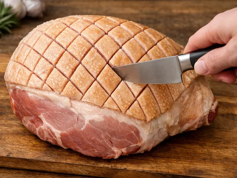 Prosciutto a taglio spirale nella teglia foderata di alluminio