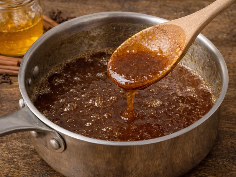 Honey mustard glaze simmered glossy in a saucepan for the ham