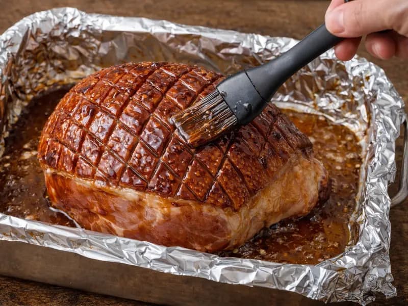Glassa tiepida spennellata tra i tagli a spirale del prosciutto
