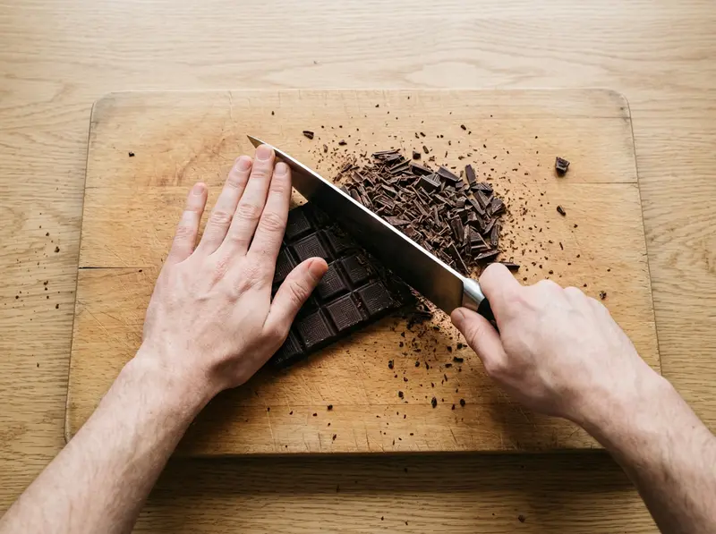 Cioccolata calda: un coltello da chef trita una tavoletta di cioccolato fondente in scaglie sottili su un tagliere di legno