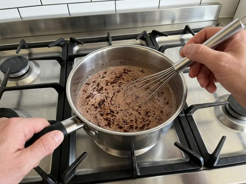Cioccolata calda: una frusta mescola il cioccolato fondente tritato che si scioglie nel latte al cacao in un pentolino