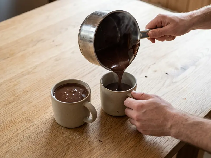 Cioccolata calda: cioccolata densa e scura versata da un pentolino d'acciaio in una tazza di ceramica, un'altra piena accanto