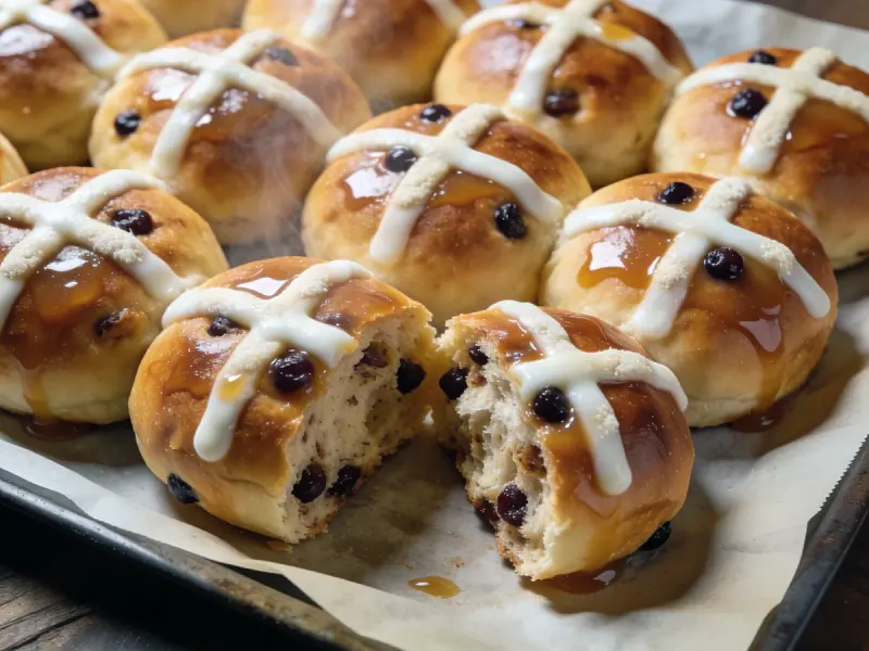 Bollos de Cruz Calientes: harina de fuerza, levadura, mantequilla — Reino Unido · receta
