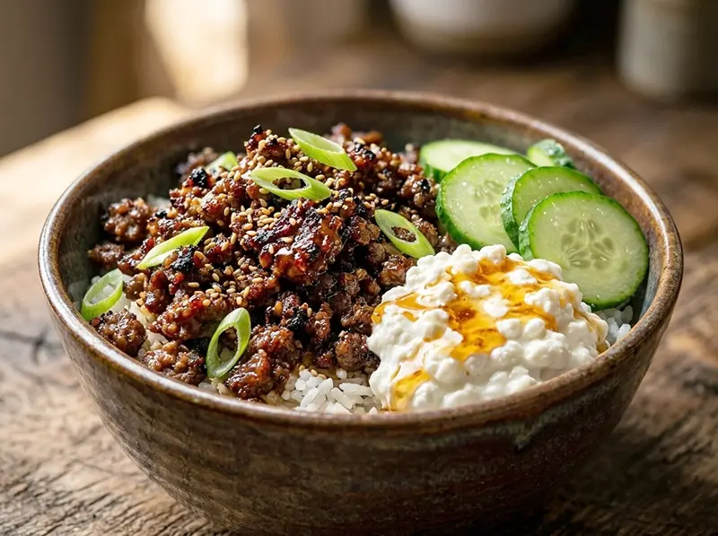 Hot Honey Cottage Cheese Beef Bowl with lean ground beef, cottage cheese and honey — USA recipe